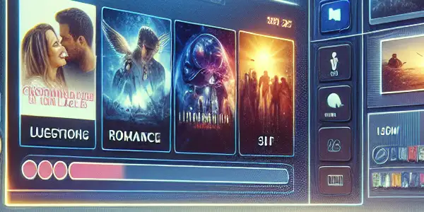 A modern online movie platform interface in a cozy living room, featuring diverse movie thumbnails and a large screen.