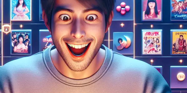 A user excitedly interacts with a sleek website for redeeming points on Japanese adult films in a cozy setting.