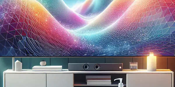 A cozy, clean living room with a comfortable couch, large screen, and hygiene elements like hand sanitizer and fresh towels.