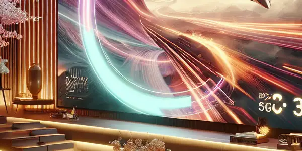 A modern living room featuring a high-definition screen displaying contrasting adult film scenes, emphasizing comfort and intimacy.