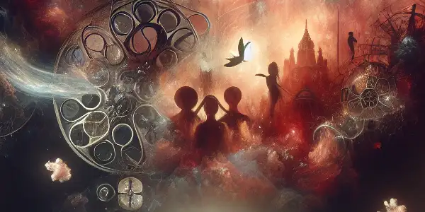 An intimate cinema setting featuring plush red seating, a vintage projector, and abstract silhouettes of romance on screen.