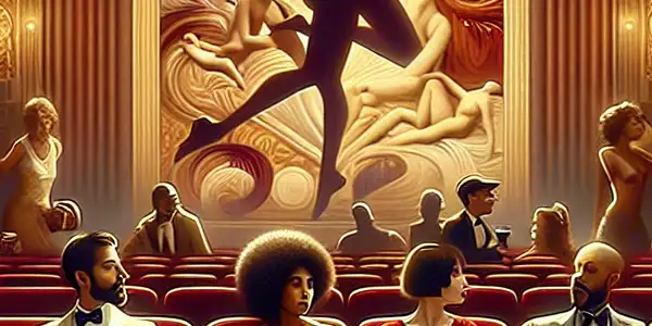 A luxurious cinema scene featuring a diverse group of stylish individuals engaged in lively conversation at an adult film festival.