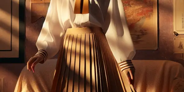 A cozy room featuring a figure in a classic Japanese schoolgirl uniform, surrounded by vintage film elements.