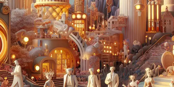 A whimsical chocolate factory filled with oversized candy, flowing chocolate rivers, and elegantly dressed characters in a surreal dreamscape.