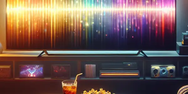 A cozy living room with a modern TV, popcorn, and soda, creating an inviting atmosphere for streaming.