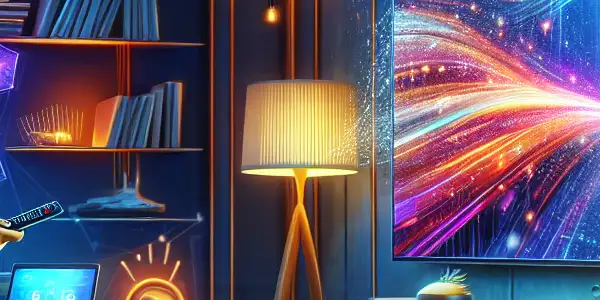 A young adult enjoys an immersive film experience in a modern, tech-savvy living room with warm lighting.