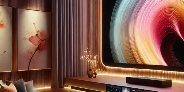 Luxurious home theater with plush seating, ambient lighting, and a large screen showcasing vibrant abstract art.