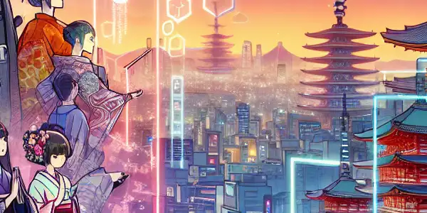 A futuristic digital landscape blending Japanese adult film aesthetics with interactive gaming, featuring diverse characters and vibrant neon elements.