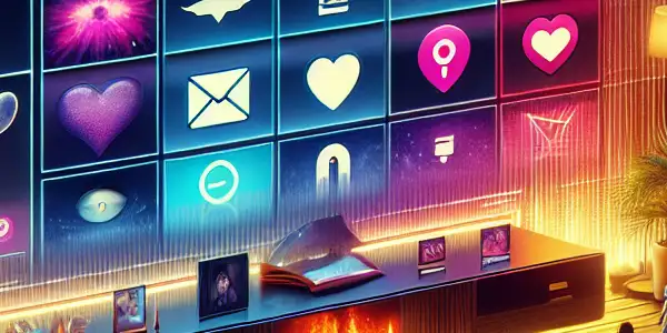 A modern digital interface for adult subscription services in a cozy, elegant living room setting.