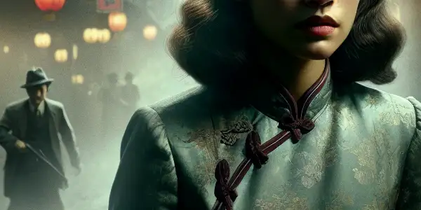 A young female spy in a 1940s Chinese dress navigates a shadowy alley during the Second Sino-Japanese War.