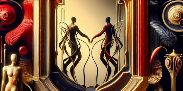 An ornate mirror reflects abstract desires in a vibrant, seductive environment filled with artistic elements and intimate figures.