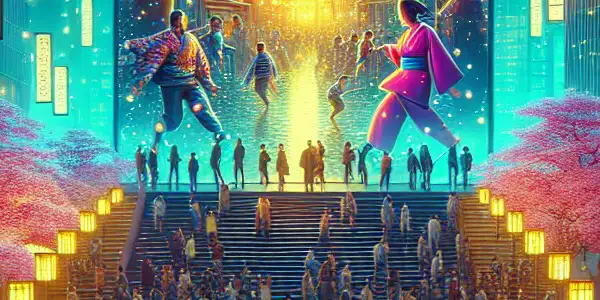 A vibrant film festival scene in a bustling city, showcasing diverse people, neon lights, cherry blossoms, and a large screen.