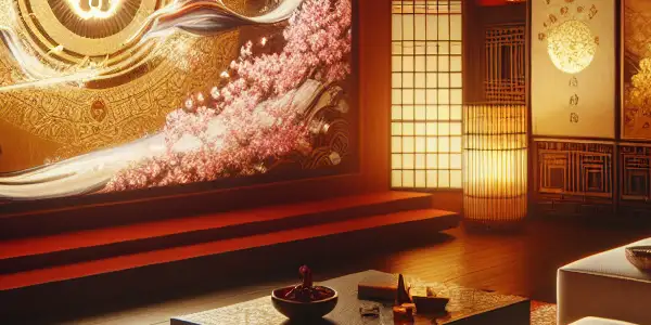 An intimate viewing room showcasing abstract representations of Japanese adult film themes with elegant decor and a relaxed viewer.
