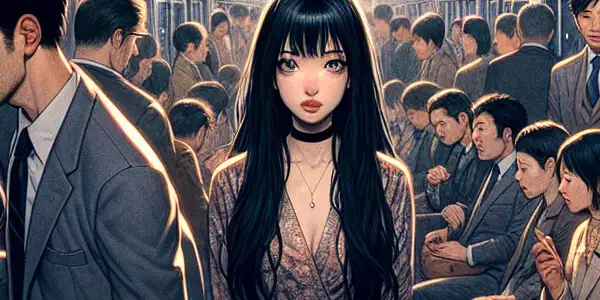 A crowded Japanese subway train filled with diverse passengers, highlighting a young woman's intrigue and unease amidst tension.