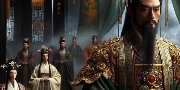 Qin Shi Huang in a lavish palace surrounded by courtiers and concubines, embodying power and intrigue.